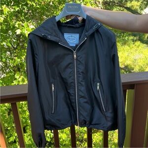 Prada Black Hooded Bomber Jacket with Silver Hardware
